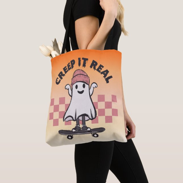 Bolso De Tela Creep it Real Skateboarding Naranja fantasma Hallo (Detalle)
