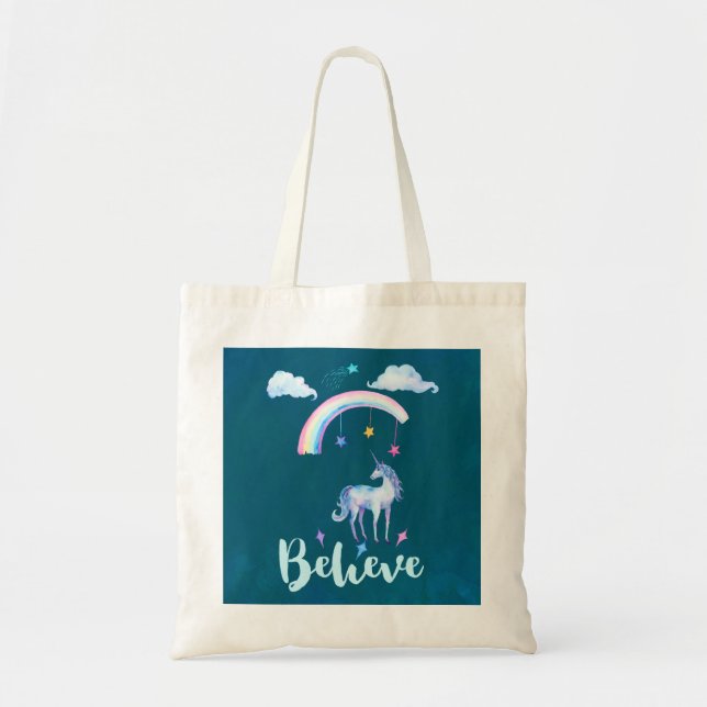 Bolso De Tela Creer con un unicornio bajo un arcoiris (Frente)