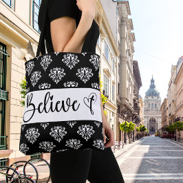 Bolso De Tela Creer escritura moderna Black White Damask Christi