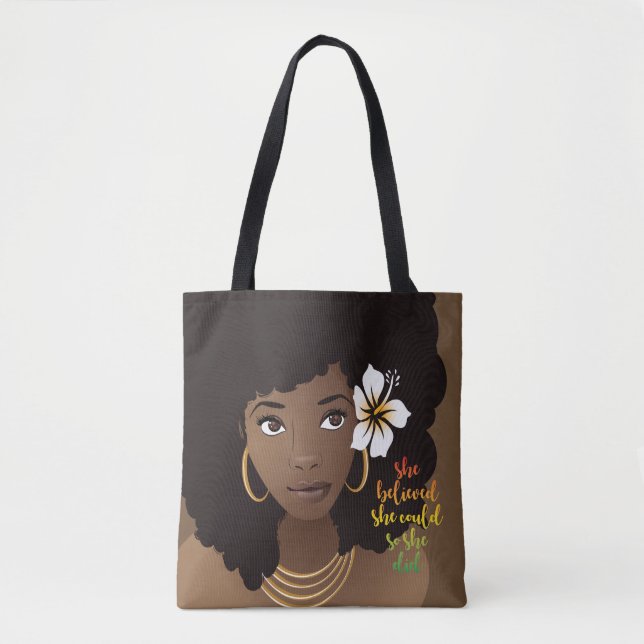 Bolso De Tela Creía Que Podía, Mujer Negra, Flor, Marrón (Anverso)