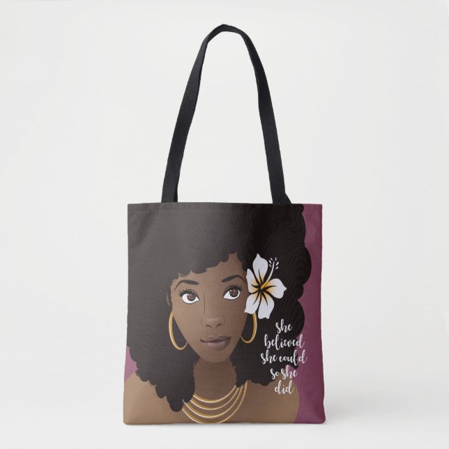 Bolso De Tela Creía Que Podía, Mujer Negra, Morado De Flor (Anverso)