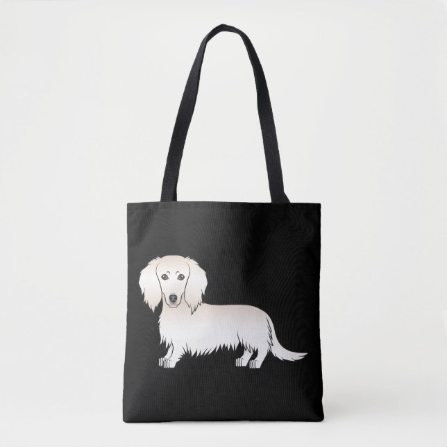Bolso De Tela Crema Larga Cabello Dachshund Cartoto Perro En Neg (Anverso)