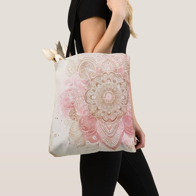 Bolso De Tela Crema marrón rosa Mandala Moda bohemia (Detalle)