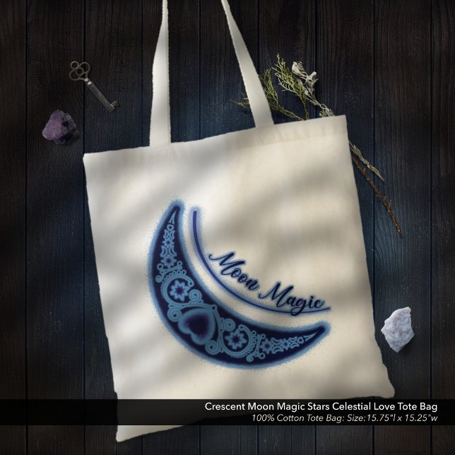 Bolso De Tela Crescent Moon Magic Stars Celestial Love (Moon Magic Tote Bag: Crescent Moon with Stars and Heart Design Celestial Love)