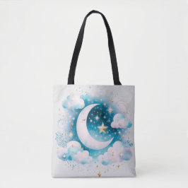 Bolso De Tela Crescente Lunar Azul y Blanco Boho Moderno