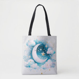 Bolso De Tela Crescente Lunar Azul y Blanco Boho Moderno