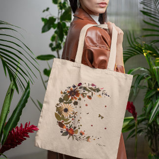 Bolso De Tela Crescente Lunar Floral l Obra de Arte de Flor Pren