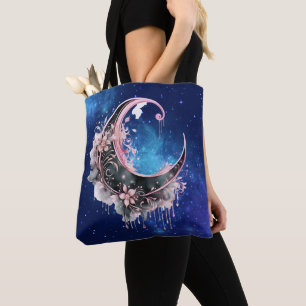 Bolso De Tela Crescente lunar negro y rosa, Halloween estrellado