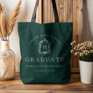 Bolso De Tela Crest Monograma Verde Oscuro Blanco Graduación