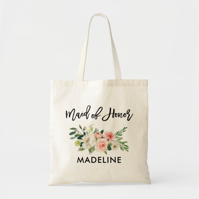 Bolso De Tela Criada floral blanca del rosa de la escritura del (Frente)