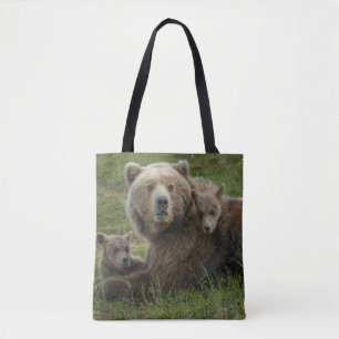 Bolso De Tela Crías de oso pardo acurrucándose con su madre