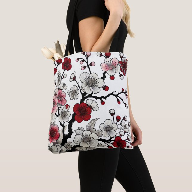 Bolso De Tela Crimson Blossom Elegance - Flora de inspiración ja (Detalle)