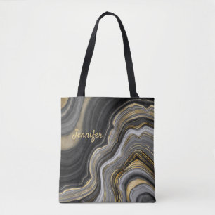 Bolso De Tela Cristal de Ágata Negro Dorado Moderno Nombre Perso