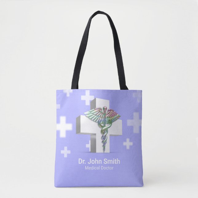 Bolso De Tela Cruz Blanca Holográfica Médica 3D Caduceus (Anverso)