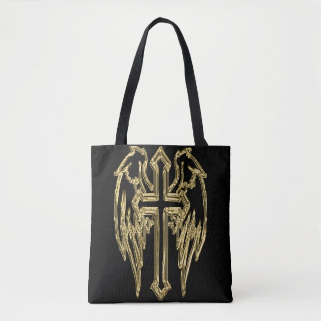 Bolso De Tela Cruz católica de oro con alas (Anverso)