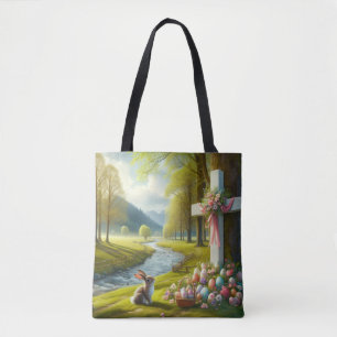 Bolso De Tela Cruz de Pascua con conejo y huevos