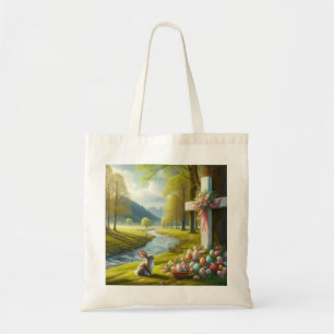 Bolso De Tela Cruz de Pascua con conejo y huevos