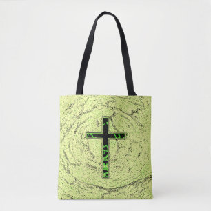 BOLSO DE TELA CRUZ NEGRA Y VERDE CON FONDO DE MÁRMOL