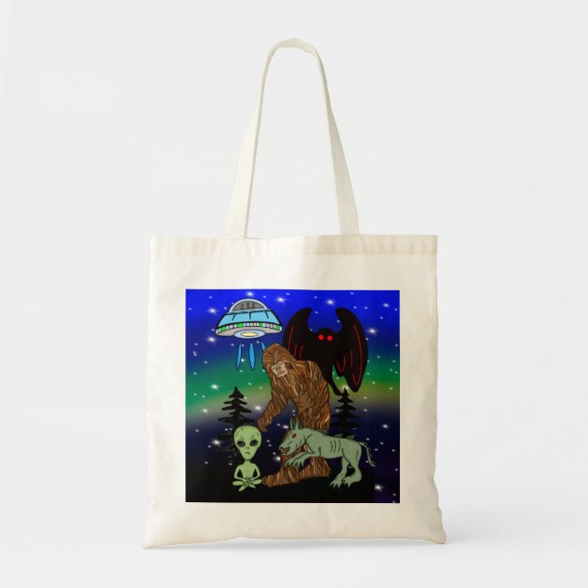 Bolso De Tela Cryptid Big Foot Alien Mothman UFO Chupacabra (Frente)