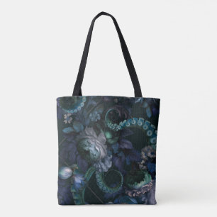 Bolso De Tela Cthulhu Gótico Tentáculo Turquesa Con Flores