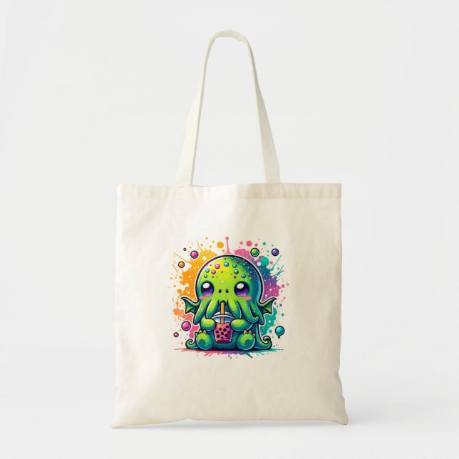 Bolso De Tela Cthulhu Kawaii Anime Alien Tea de Burbuja (Frente)
