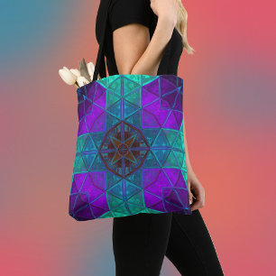 Bolso De Tela Cuadrado de Kaleidoscopio Mosaico Azul y Púrpura