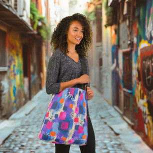 Bolso De Tela Cuadrados abstractos en azul y rosa con elementos 