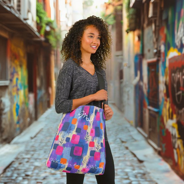 Bolso De Tela Cuadrados abstractos en azul y rosa con geométrico (Subido por el creador)