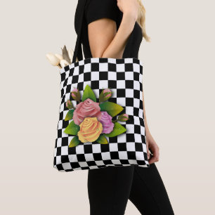 Bolso De Tela Cuadrados Blanco Y Negro Y Rosas