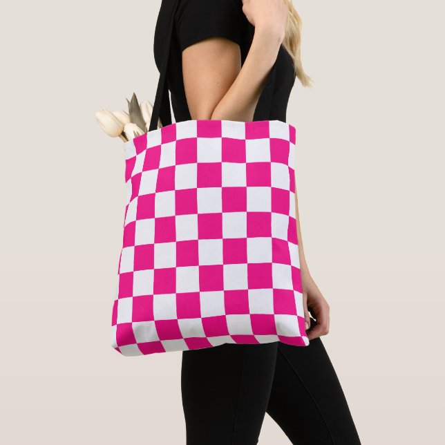 Bolso De Tela Cuadrados controlados retro geométrico blanco rosa (Detalle)