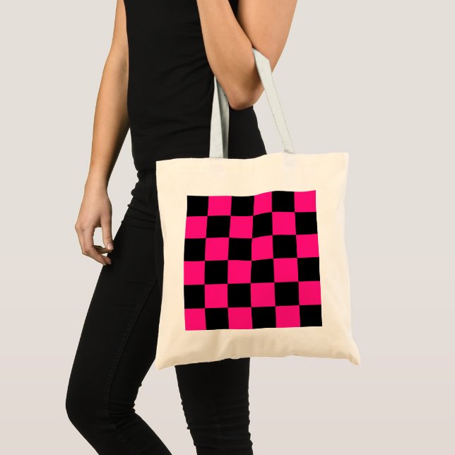 Bolso De Tela Cuadrados controlados retro geométrico negro rosa  (Anverso (producto))