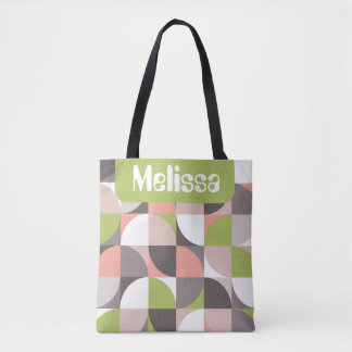 Bolso De Tela Cuadrados Retro Mod Rosa Verde Nombre Personalizad