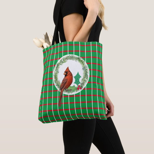 Bolso De Tela Cuadrados verdes con Tote de líneas rojas y blanca (Detalle)