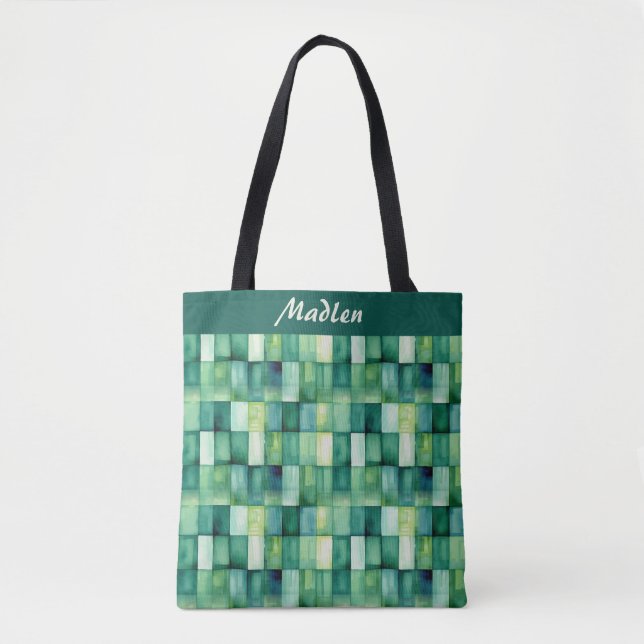 Bolso De Tela Cuadrados verdes pintados (Anverso)