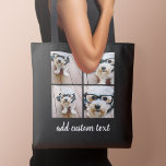 Bolso De Tela Cuadrícula negra de 4 Collages de fotos y escritur<br><div class="desc">Utiliza cuatro fotos cuadradas para crear un regalo único y personal. Para obtener los mejores resultados,  recortar las fotos en cuadrados antes de subir. O puedes mantener al cachorro hipster y hacer un keepsake de moda. Si necesita ajustar las imágenes,  haga clic en la herramienta personalizar para realizar cambios.</div>
