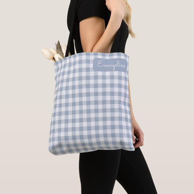 Bolso De Tela Cuadro Costero Gingham Preppy Azul Blanco Nombre (Detalle)