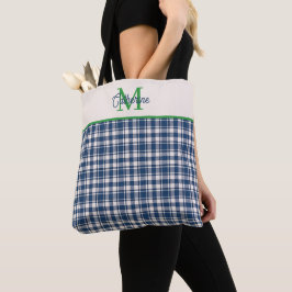 Bolso De Tela Cuadro de Gingham Azul y Verde Tartán Monograma