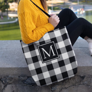 Bolso De Tela Cuadros de Búfalo Negro y Blanco Monogramados