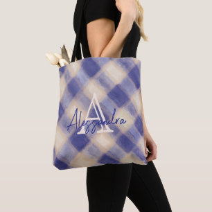 Bolso De Tela Cuadros escoceses de monograma azul marino crema c
