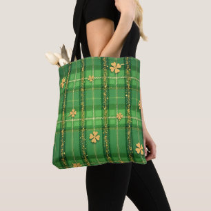 BOLSO DE TELA CUADROS VERDES CON TREPADORES DE LUCES DE ORO