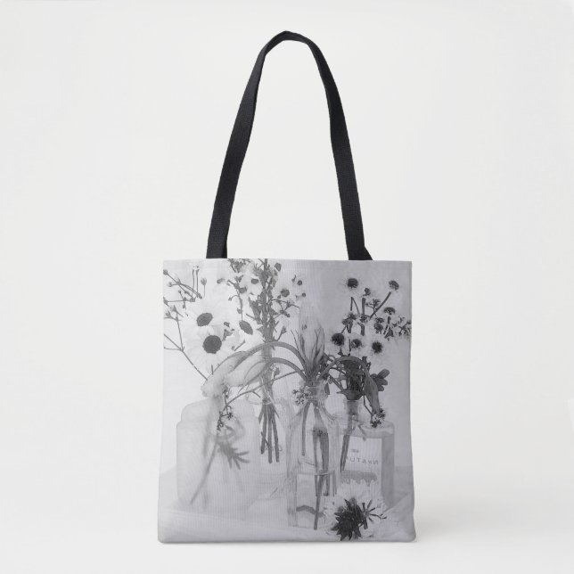 Bolso De Tela Cuatro Botellas Y Flores Blancas (Anverso)