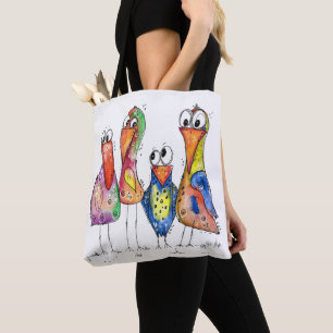 Bolso De Tela Cuatro pájaros alegres y coloridos