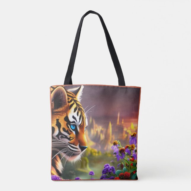 Bolso De Tela Cubo de tigres, flores moradas (Reverso)