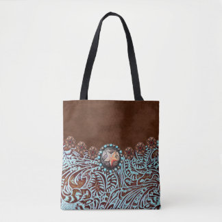 Bolso De Tela cuero de color turquesa marrón occidente
