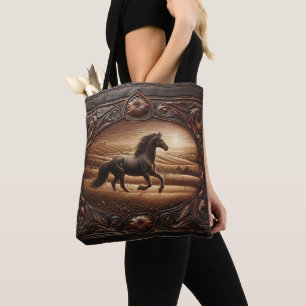 Bolso De Tela Cuero tallando un caballo en carrera