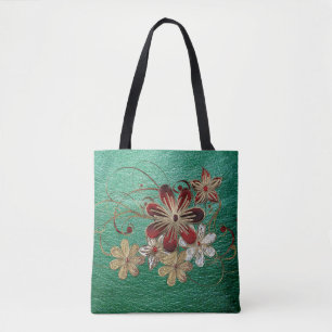Bolso De Tela Cuero Y Flores Verdes