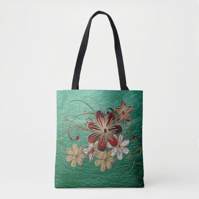 Bolso De Tela Cuero Y Flores Verdes (Anverso)