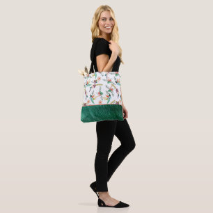 Bolso De Tela Cuero Y Flores Verdes
