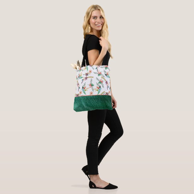 Bolso De Tela Cuero Y Flores Verdes (Puesto)