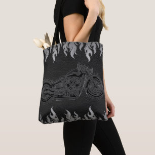 Bolso De Tela Cueros Negros Llamas Plateadas Fuego Caliente Moto